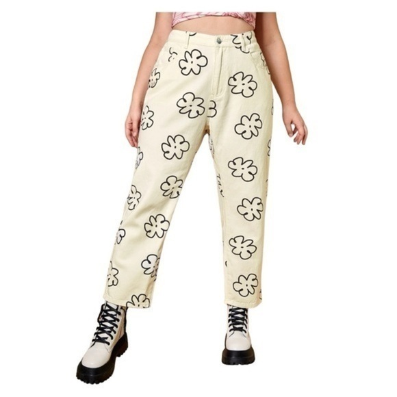 SHEIN Denim - Floral High Rise Cream Black Print Baggy Jeans 6/28 Ankle Crop Boho Retro Casual